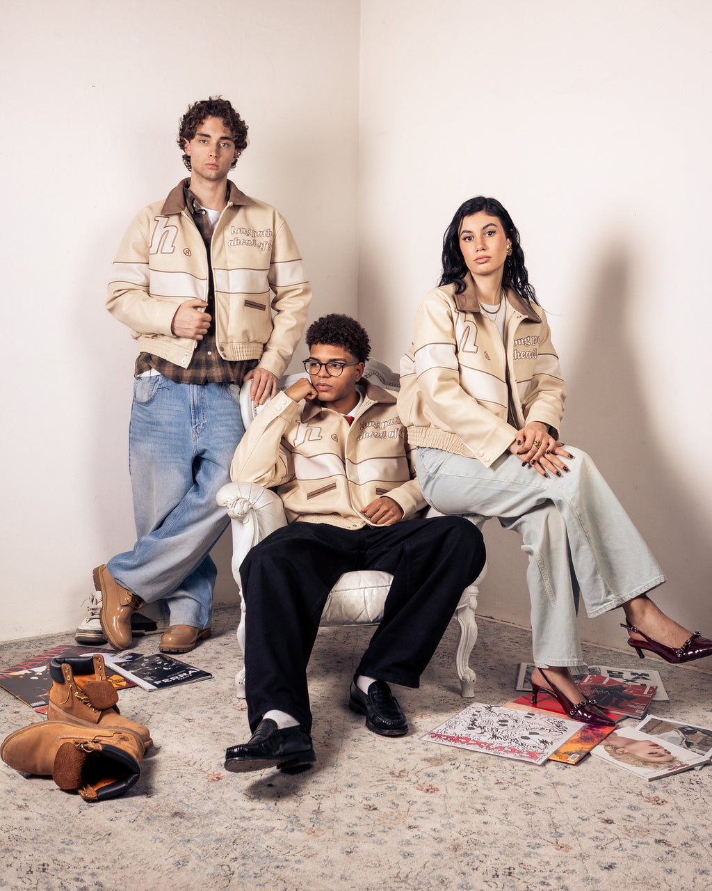 Cream Long Path Leather Jacket