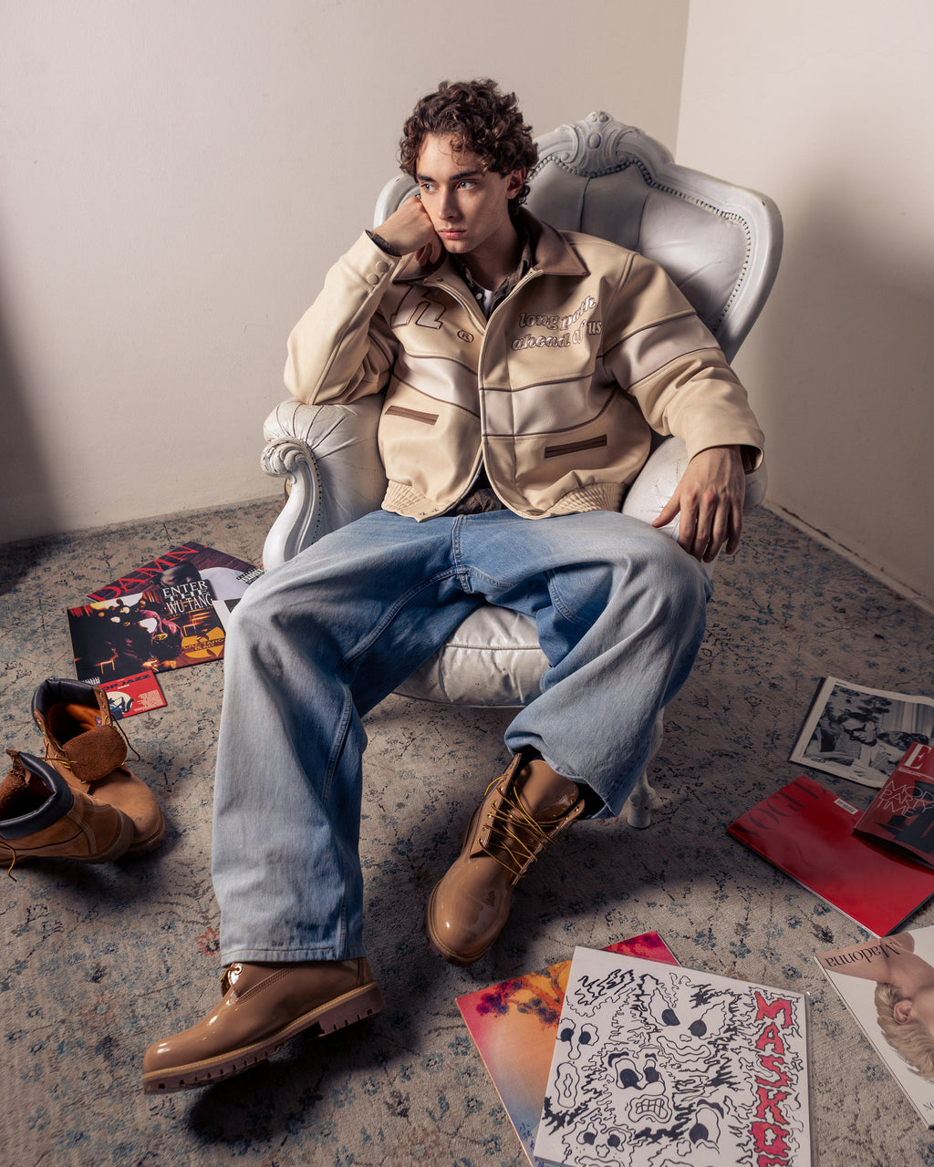 Cream Long Path Leather Jacket