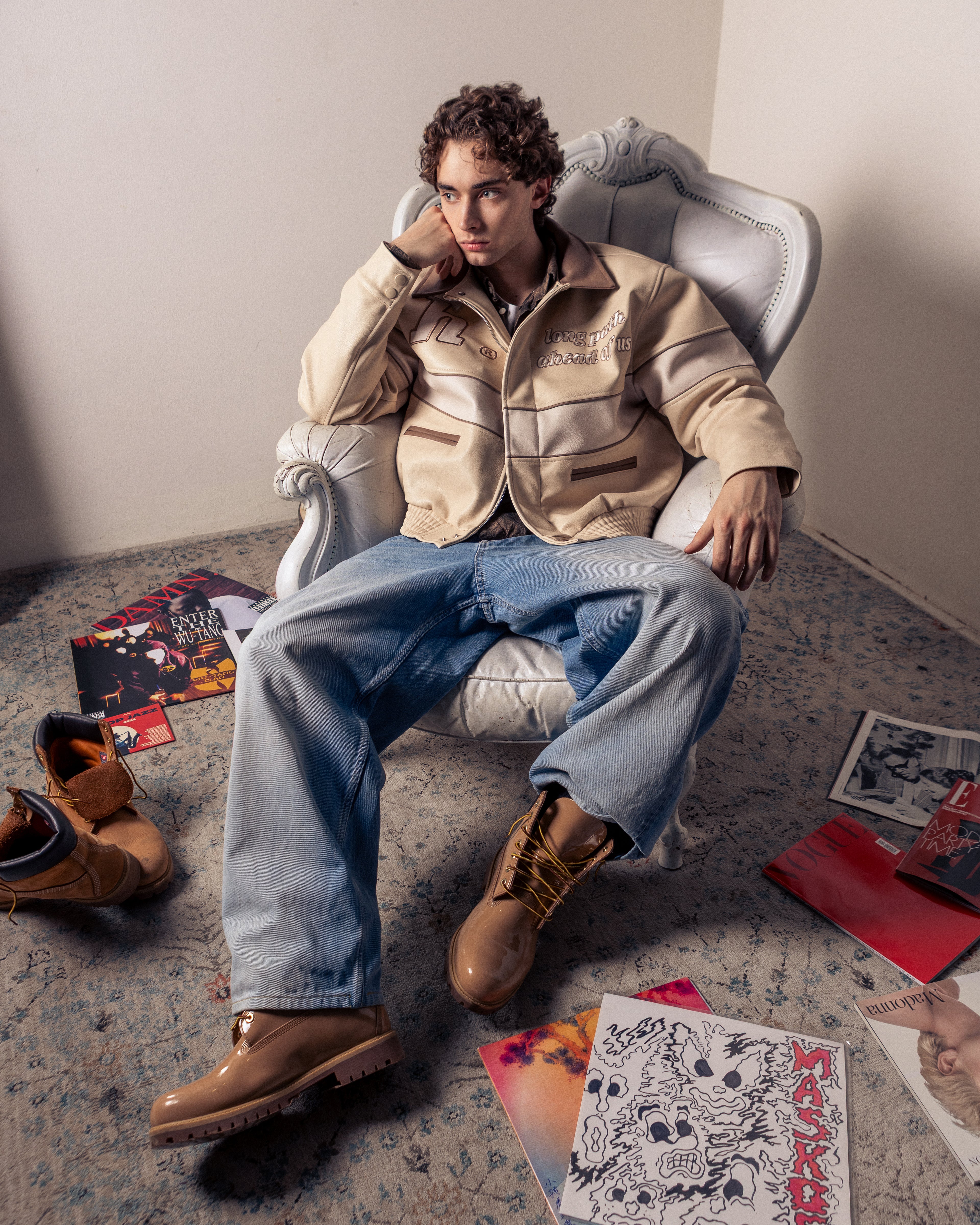 Cream Long Path Leather Jacket